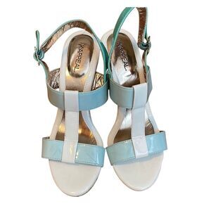 XAppeal White Light Blue Patent Leather Strappy Sandals Size 9 M Chic Heels EUC
